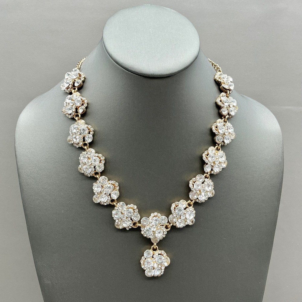 Floral Cluster Rhinestone Statement Necklace Women Gold Tone Crystal Adjustable